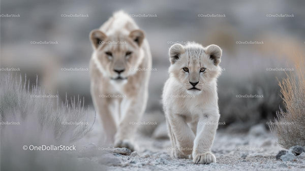 Lion Cub Walking with Protective Lioness in African Wilderness