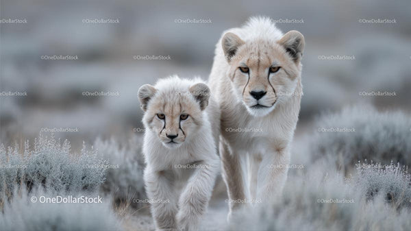 Lioness and Cub Walking Together in the Wild