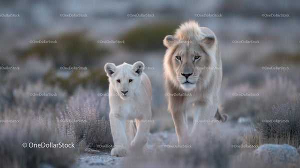 White Lion and Cub Strolling Through African Savannah