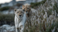 Majestic Lions Roaming in Rocky Grassland