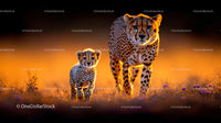 Cheetah Mother and Cub Walking at Sunset in the Savannah
