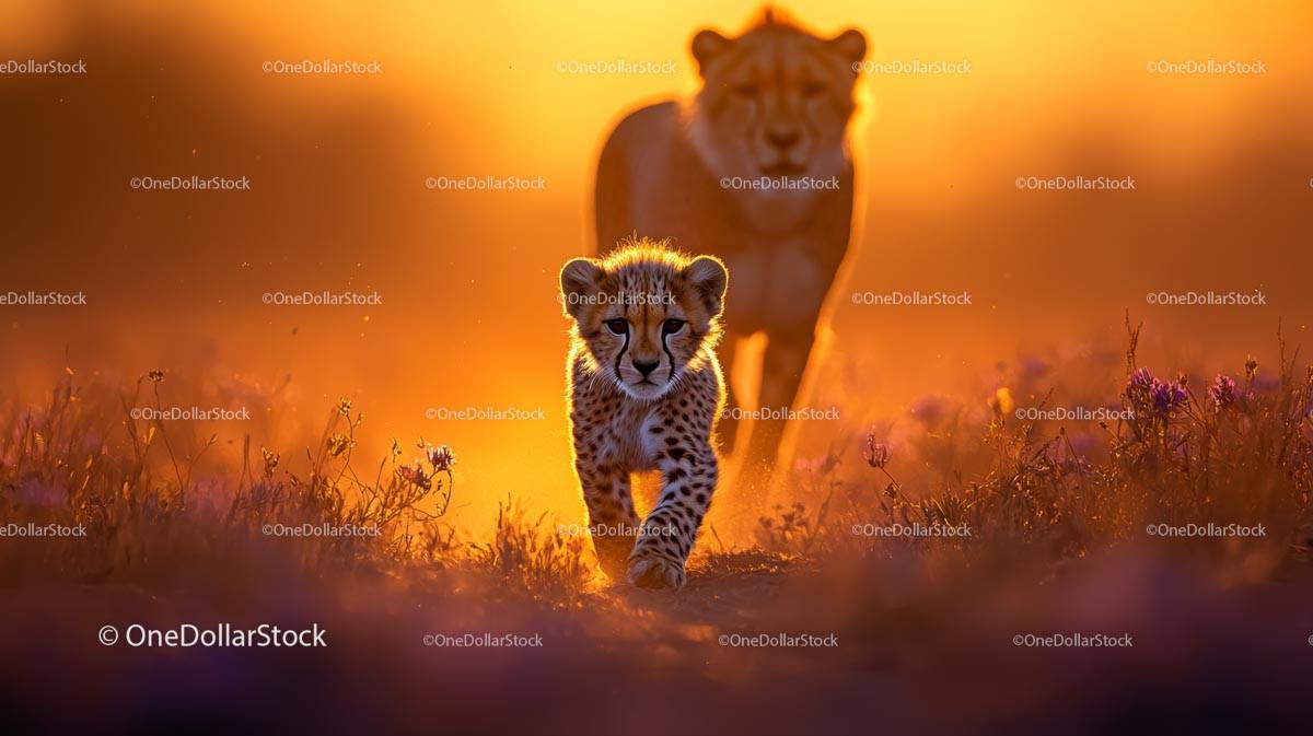 Cheetah Cub Strolling at Sunset in African Savannah