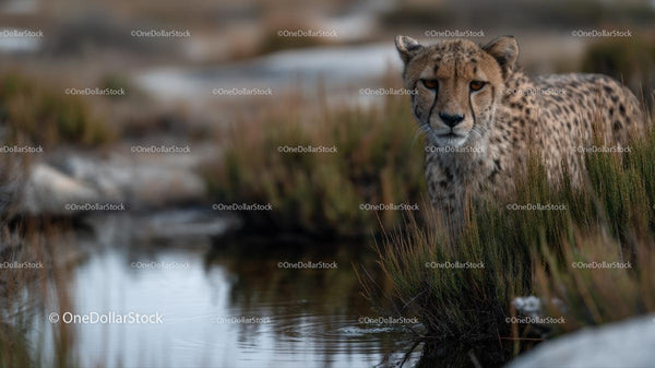 Majestic Cheetah Near Water on a Grassy African Plain