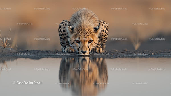 Cheetah Drinking Water on African Savanna at Sunset