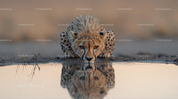 Cheetah Drinking at Water's Edge with Stunning Reflection