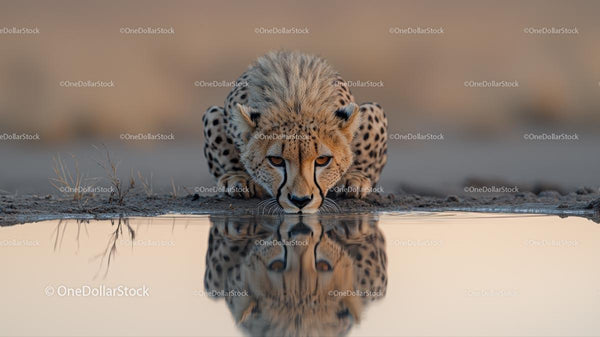 Cheetah Drinking at Water's Edge with Stunning Reflection