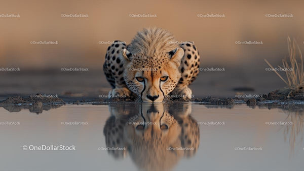 Cheetah Drinking from Waterhole in African Savanna