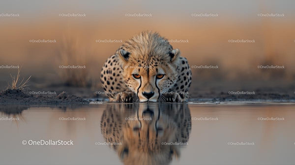 Cheetah Drinking at Waterhole in African Wilderness