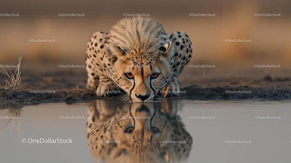 Cheetah Drinking Water in African Savanna