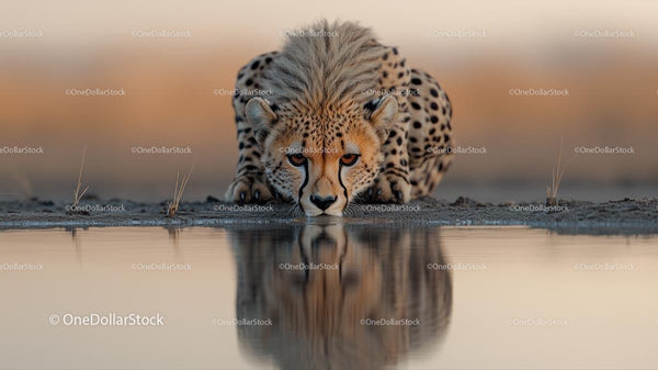 Majestic Cheetah Drinking at Dawn in Natural Habitat