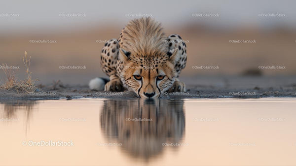 Cheetah Drinking at Watering Hole in the Savannah