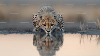 Cheetah Drinking Water with Stunning Reflection
