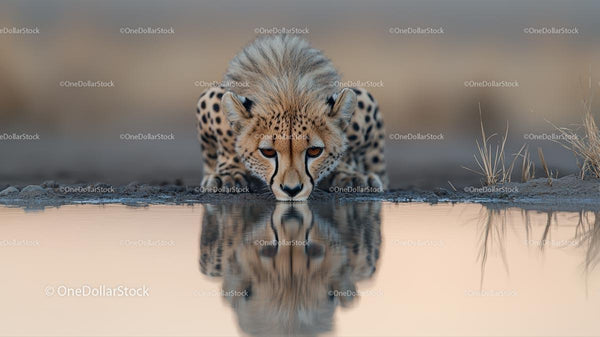 Cheetah Drinking Water with Stunning Reflection
