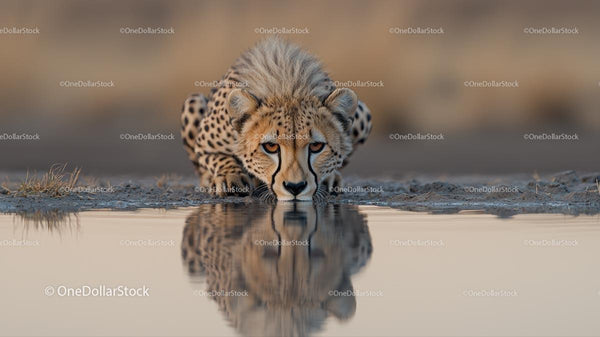 Cheetah Drinking from Waterhole in African Savannah