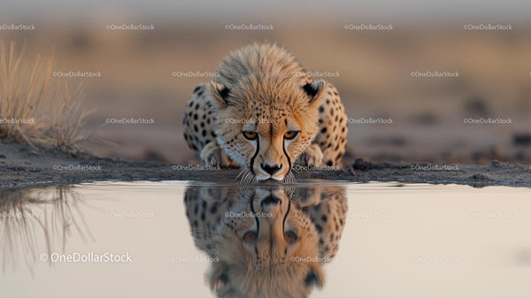 Cheetah Drinking at Waterhole with Stunning Reflection