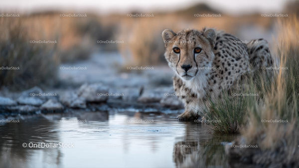 Cheetah in Grassland by Water Reflecting its Majestic Gaze