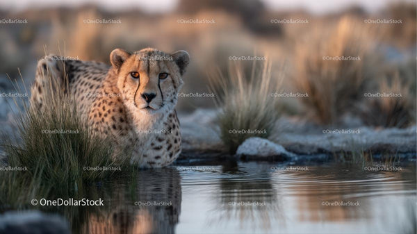 Cheetah Resting by Water in Serene Grassland