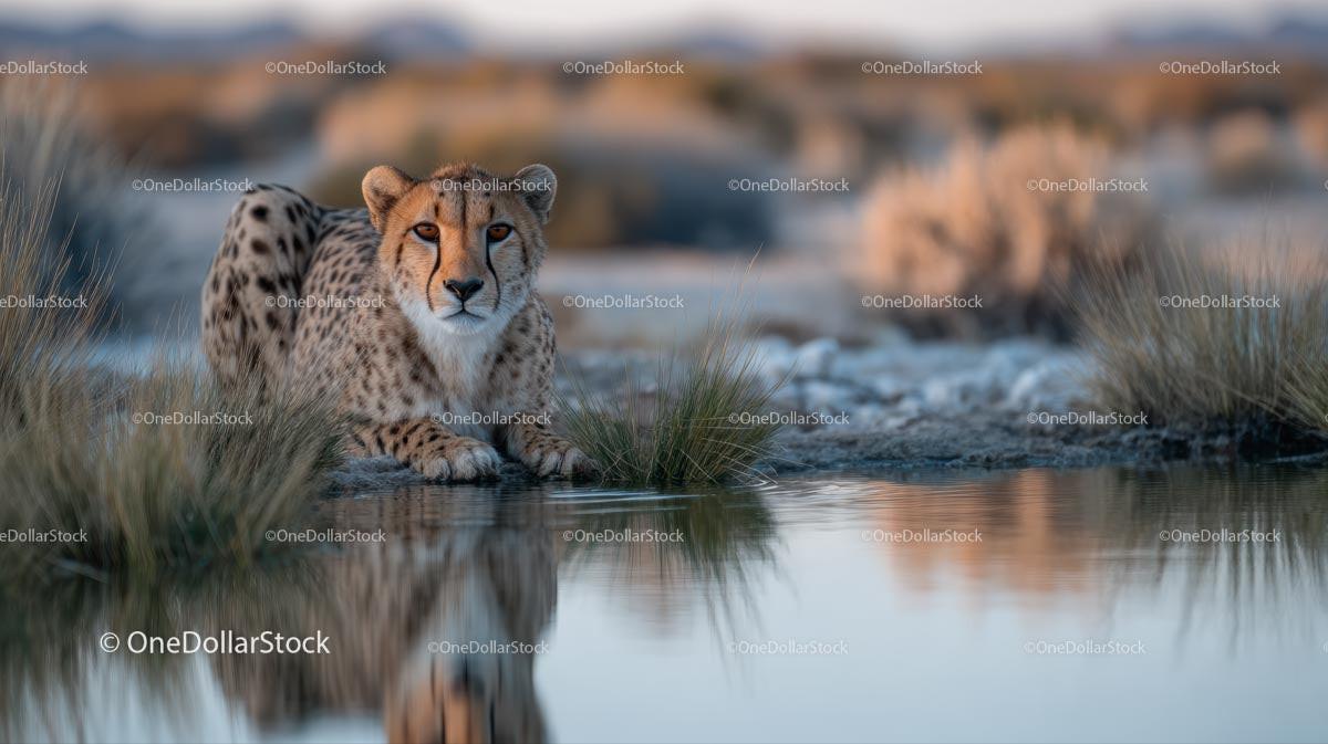 Cheetah Resting by Water Hole in African Savannah