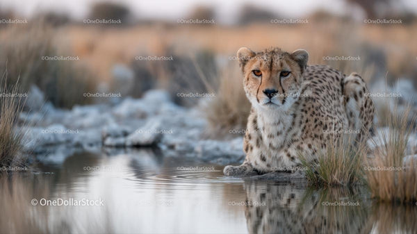 Majestic Cheetah at a Waterhole in the African Savannah