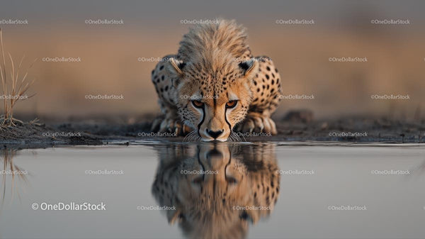 Cheetah Drinking from Waterhole with Reflection