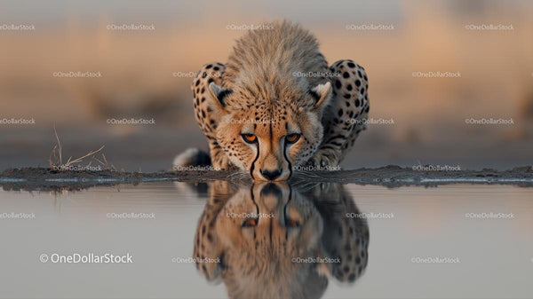 Majestic Cheetah Drinking Water at Sunset