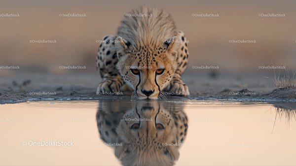 Cheetah Drinking at Waterhole in African Savannah