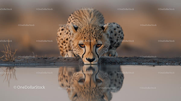 Cheetah Quenching Its Thirst by a Waterhole