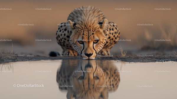 Cheetah at Waterhole Reflecting in Tranquil Waters