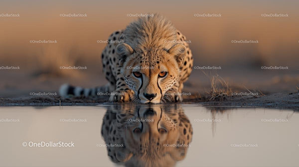Cheetah Drinking at a Reflective Watering Hole at Sunset