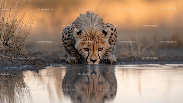 Cheetah Drinking at Waterhole During Sunset