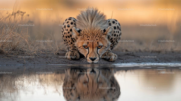 Majestic Cheetah Drinking at a Waterhole in the Savanna