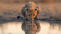 Cheetah Drinking Water in Serene Wilderness Setting