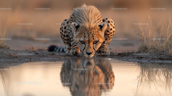 Cheetah Drinking Water in Serene Wilderness Setting
