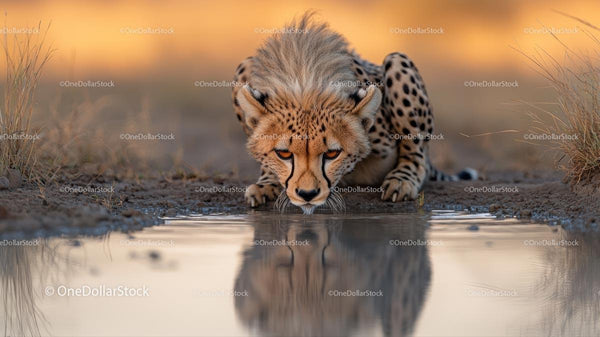 Cheetah Drinking at Watering Hole in African Savannah