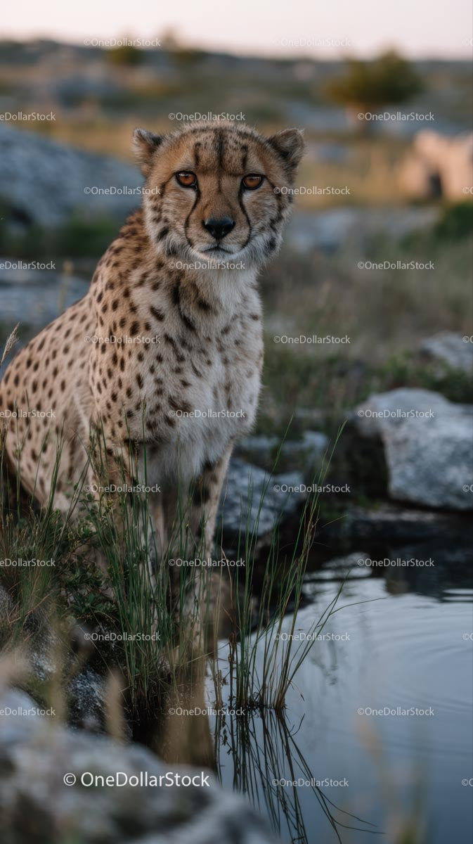 Gepard stoi przy wodzie w naturalnym środowisku
