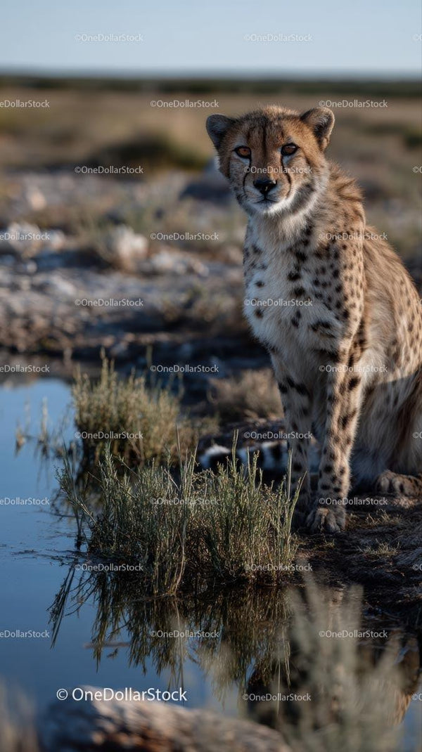 Cheetah by a Water Source in African Grasslands