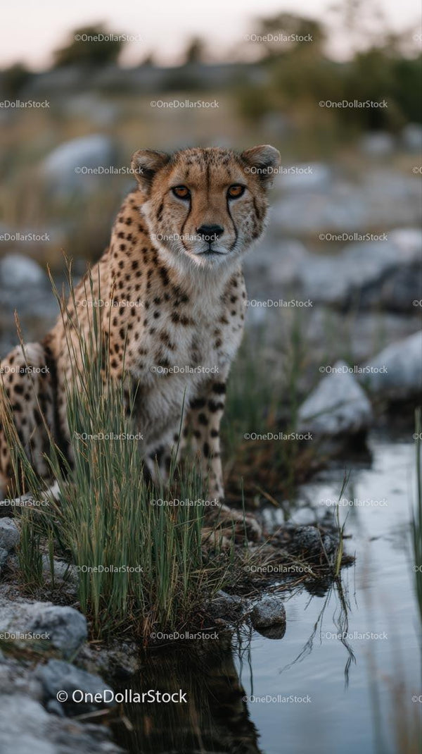 Cheetah by Water in Natural Habitat