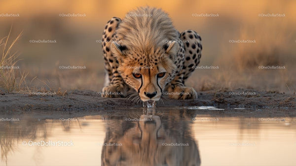 Cheetah Drinking at Water's Edge in the Savanna