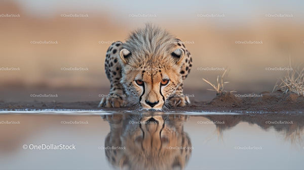 Cheetah Drinking at Waterhole in the African Savannah