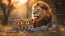 Majestic Lion with Adorable Cubs at Sunrise