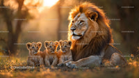 Majestic Lion with Adorable Cubs at Sunrise