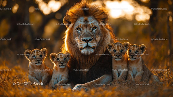 Majestic Lion with Adorable Cubs During Golden Hour