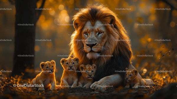 Majestic Lion with Cubs in Golden Jungle Light