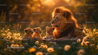Majestic Lion and Adorable Cubs in Golden Sunset