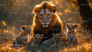 Majestic Lion with Adorable Cubs in Golden Savanna Light