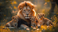 Majestic Lion with Adorable Cub Trio in Sunset Light