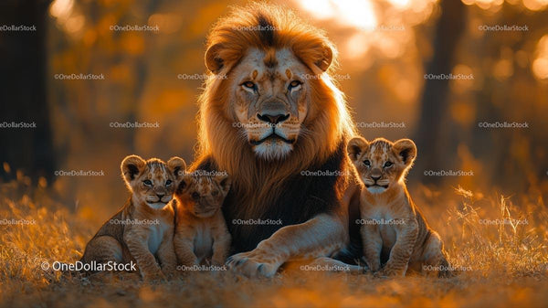 Majestic Lion with Cubs on African Savannah
