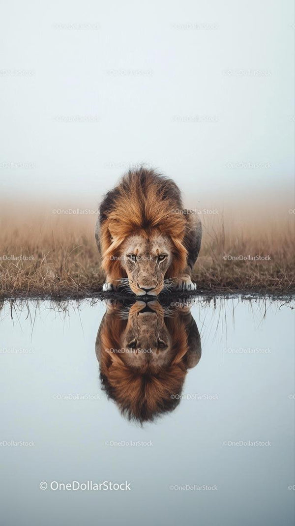 Majestic Lion Drinking by the Water's Edge
