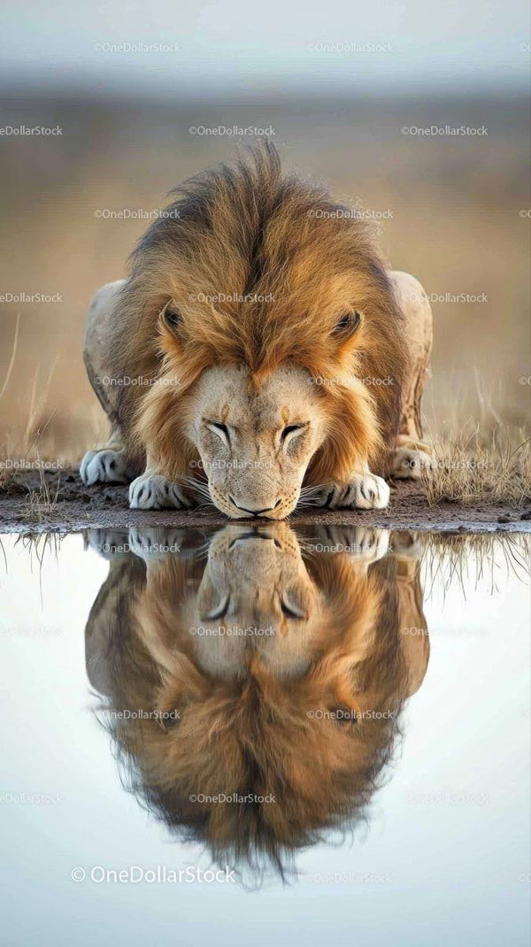 Majestic Lion Drinking from Water with Perfect Reflection
