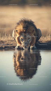 Majestic Lion Drinking at a Tranquil Waterhole